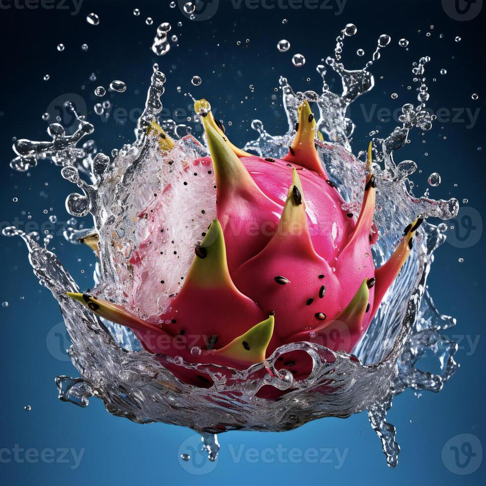 AI generated a dragon fruit is splashing water photo