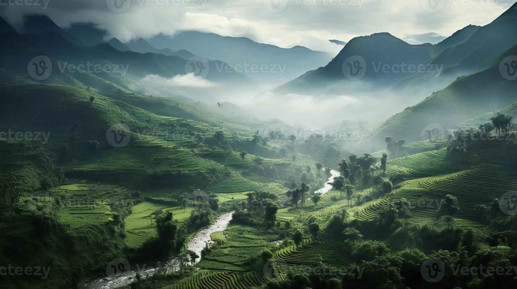 ai generado el montañas son cubierto en verde vegetación y niebla foto