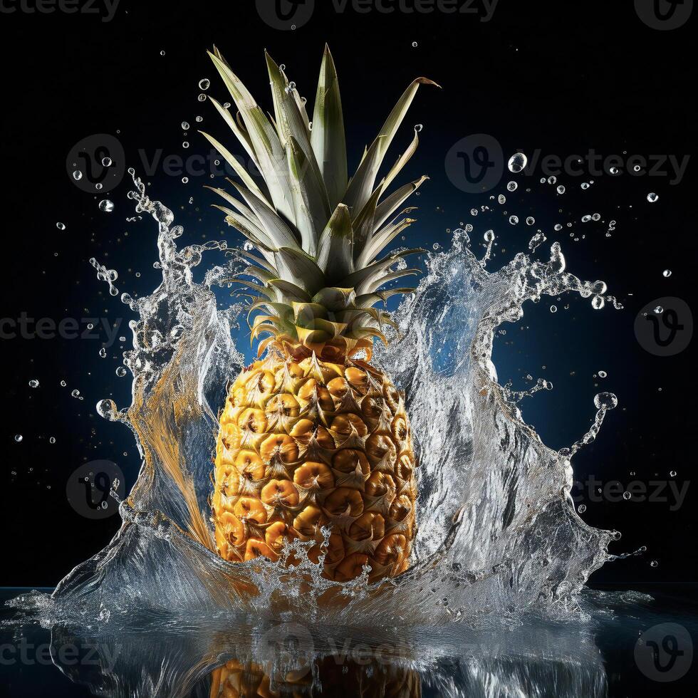 AI generated a pineapple is splashing water on a black background photo