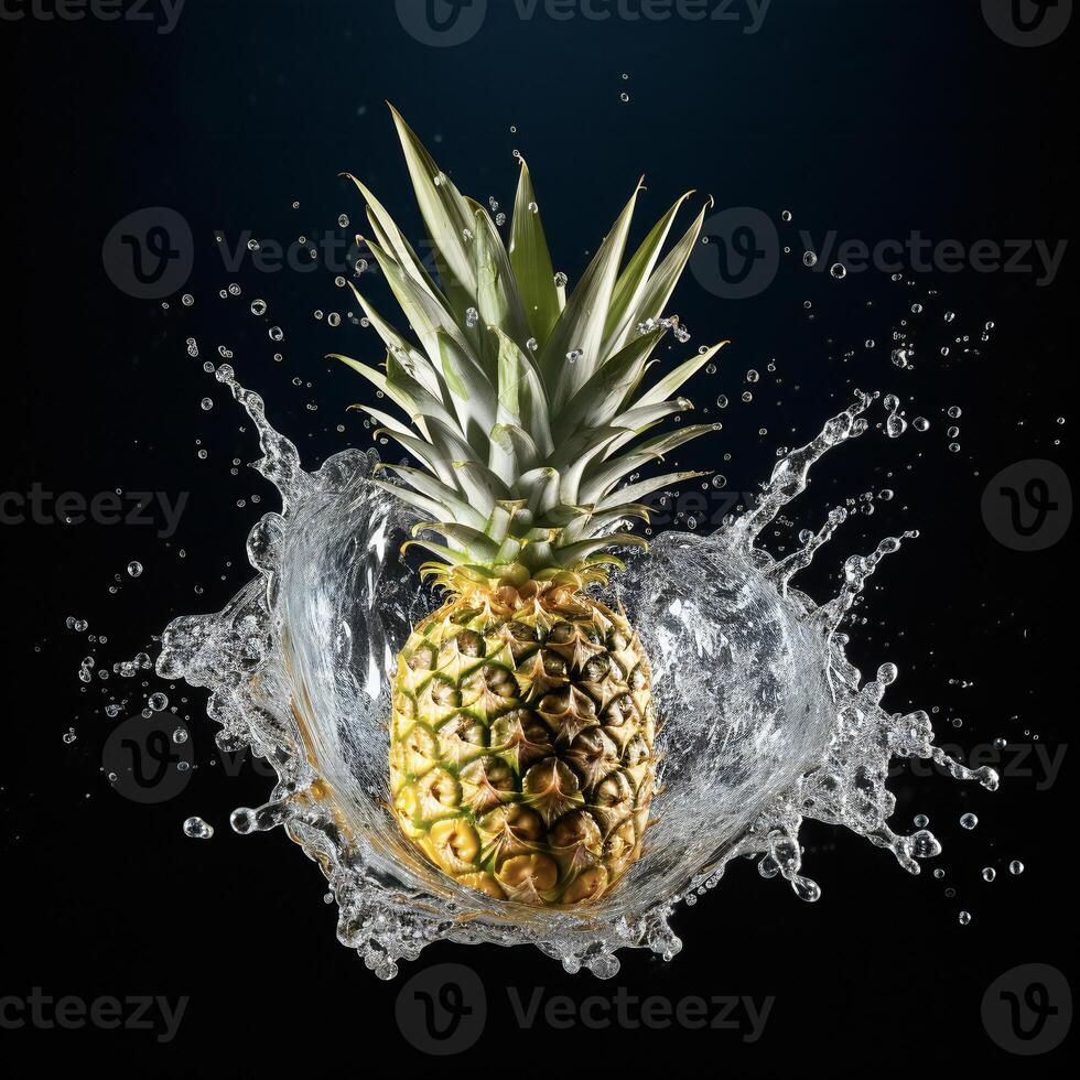 AI generated a pineapple is splashing water on a black background photo