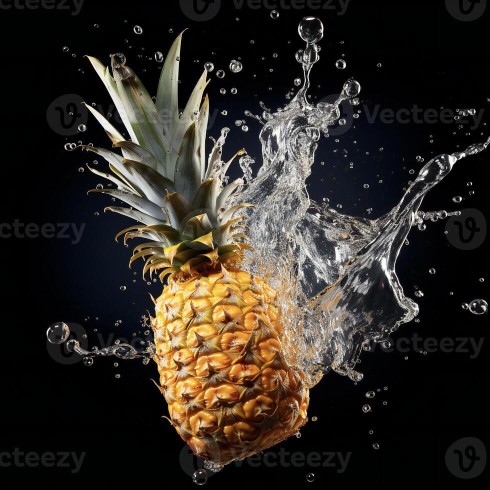 AI generated a pineapple is splashing water on a black background photo