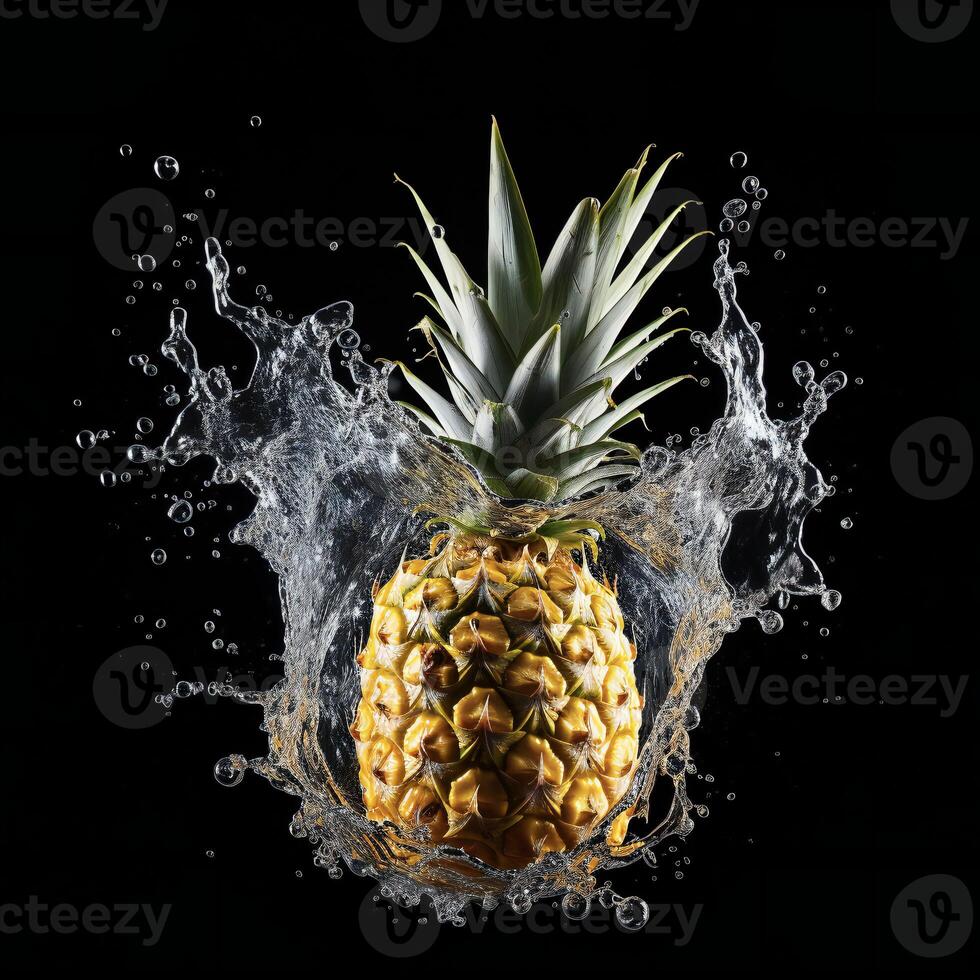 AI generated a pineapple is splashing water on a black background photo