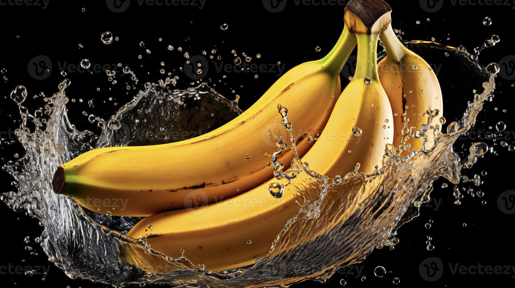 AI generated bananas are being splashed with water on a black background photo