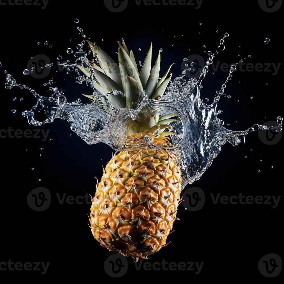 AI generated a pineapple is splashing water on a black background photo