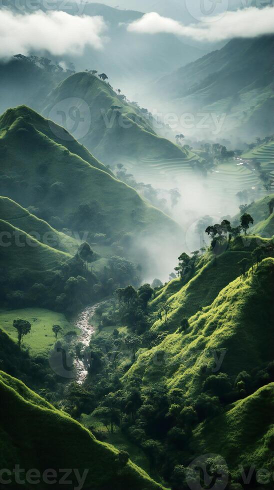 AI generated the mountains are covered in green vegetation and fog photo