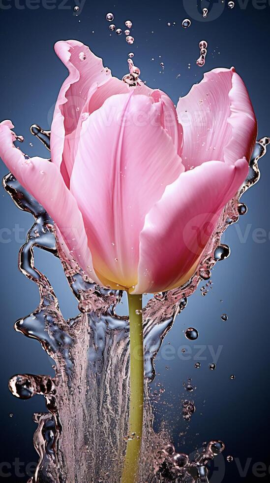 AI generated a pink tulip is splashing water in the air photo