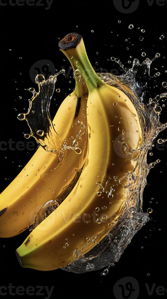 AI generated bananas are being splashed with water on a black background photo