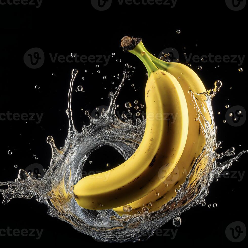 AI generated bananas are being splashed with water on a black background photo