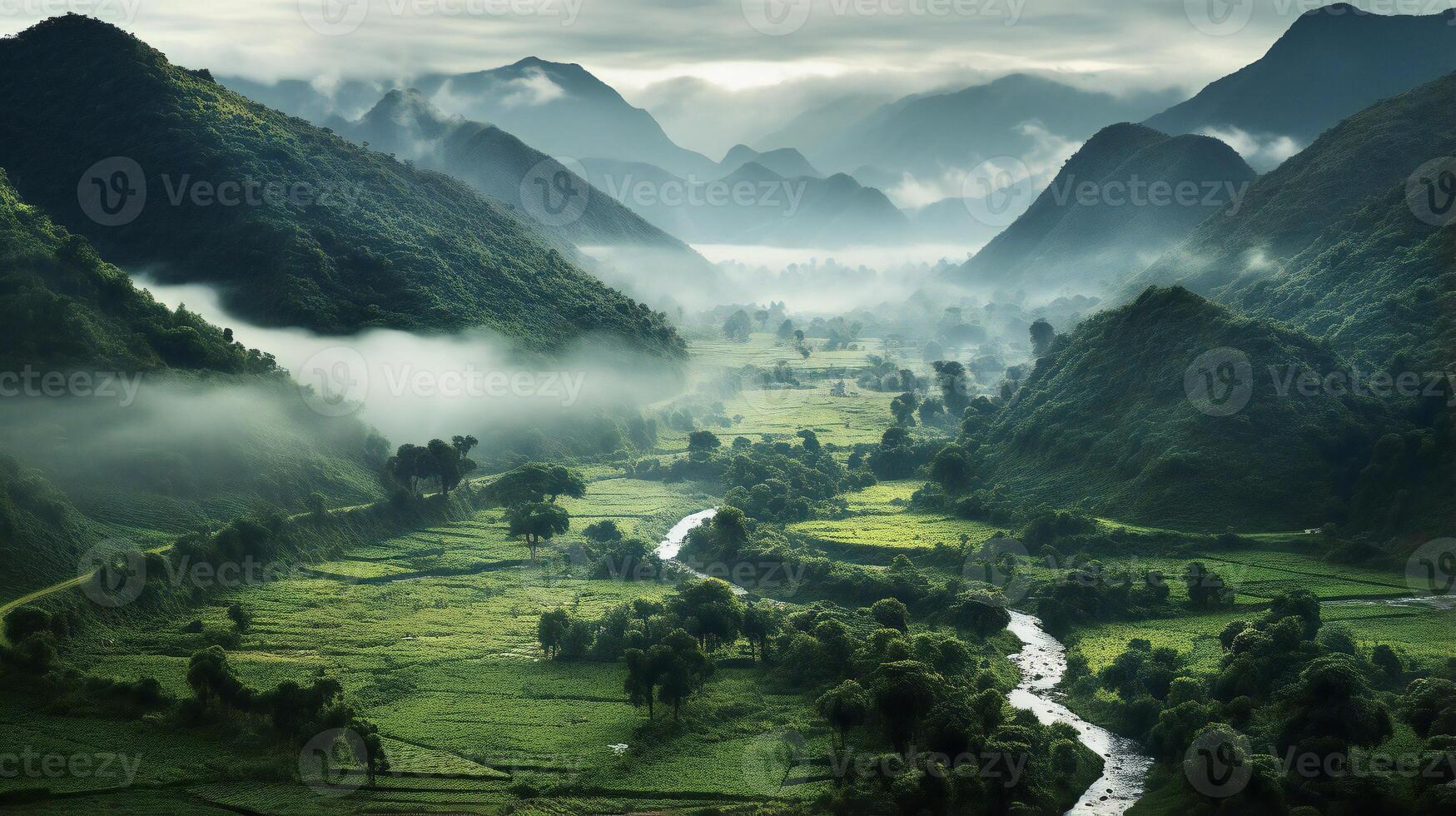 AI generated the mountains are covered in green vegetation and fog photo