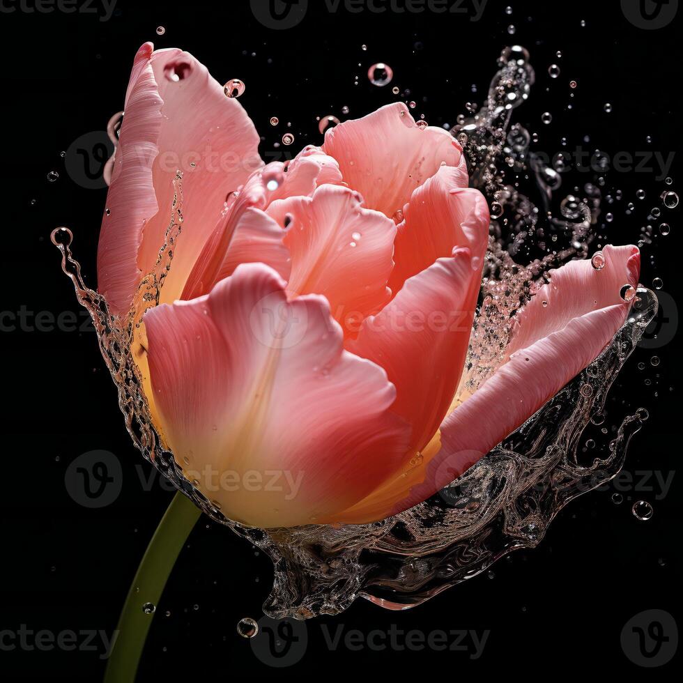 AI generated a pink tulip is splashing water in the air photo