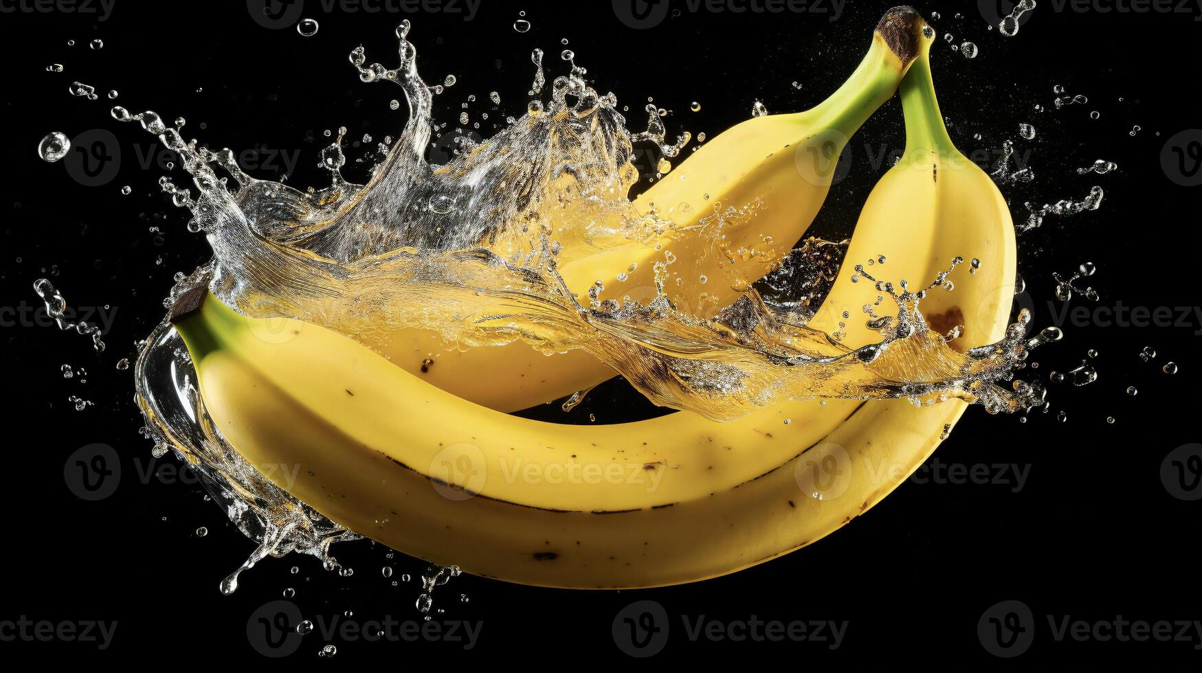 AI generated bananas are being splashed with water on a black background photo