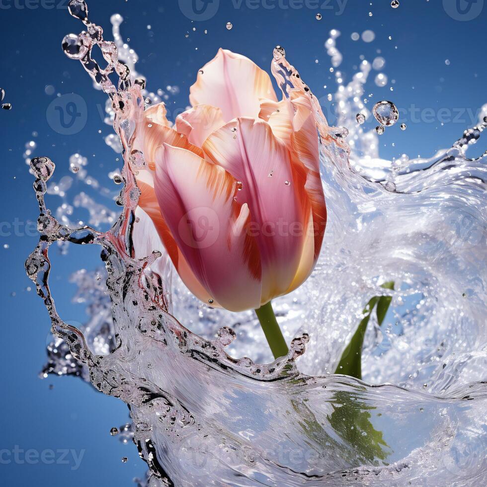 AI generated a pink tulip is splashing water in the air photo