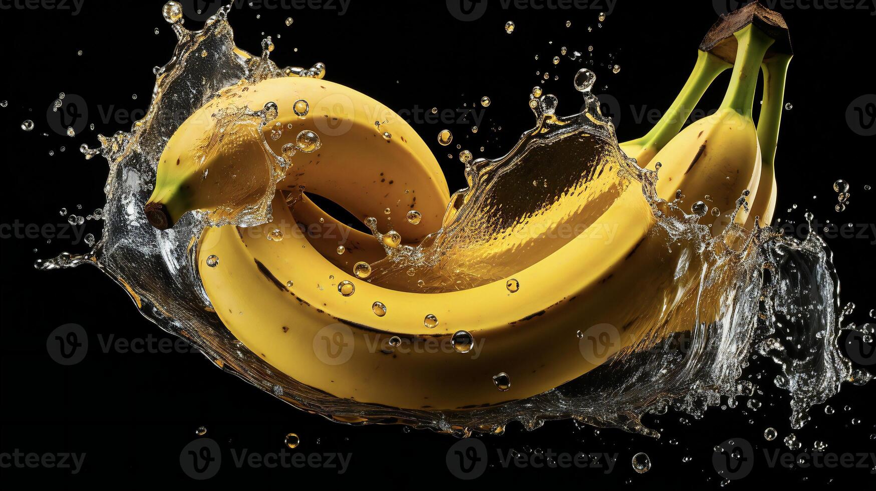 AI generated bananas are being splashed with water on a black background photo