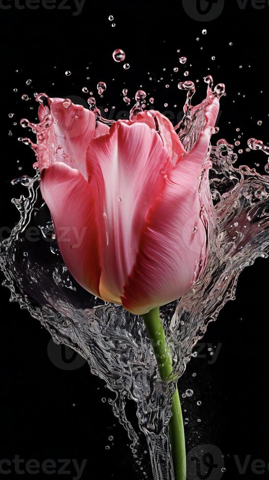 AI generated a pink tulip is splashing water in the air photo