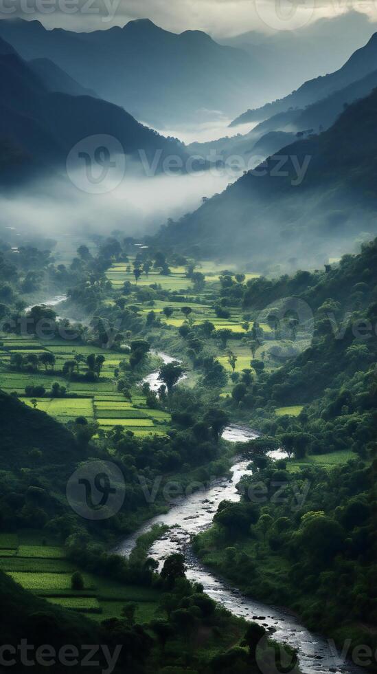 AI generated the mountains are covered in green vegetation and fog photo