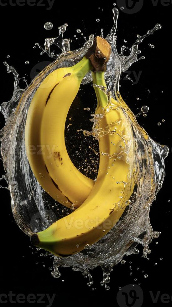 AI generated bananas are being splashed with water on a black background photo