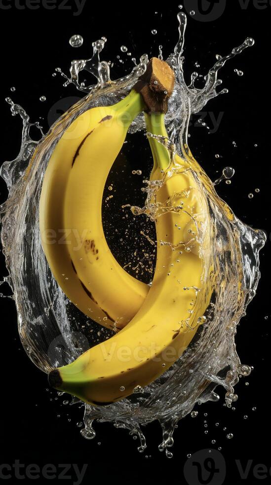 ai generado bananas son siendo salpicado con agua en un negro antecedentes foto