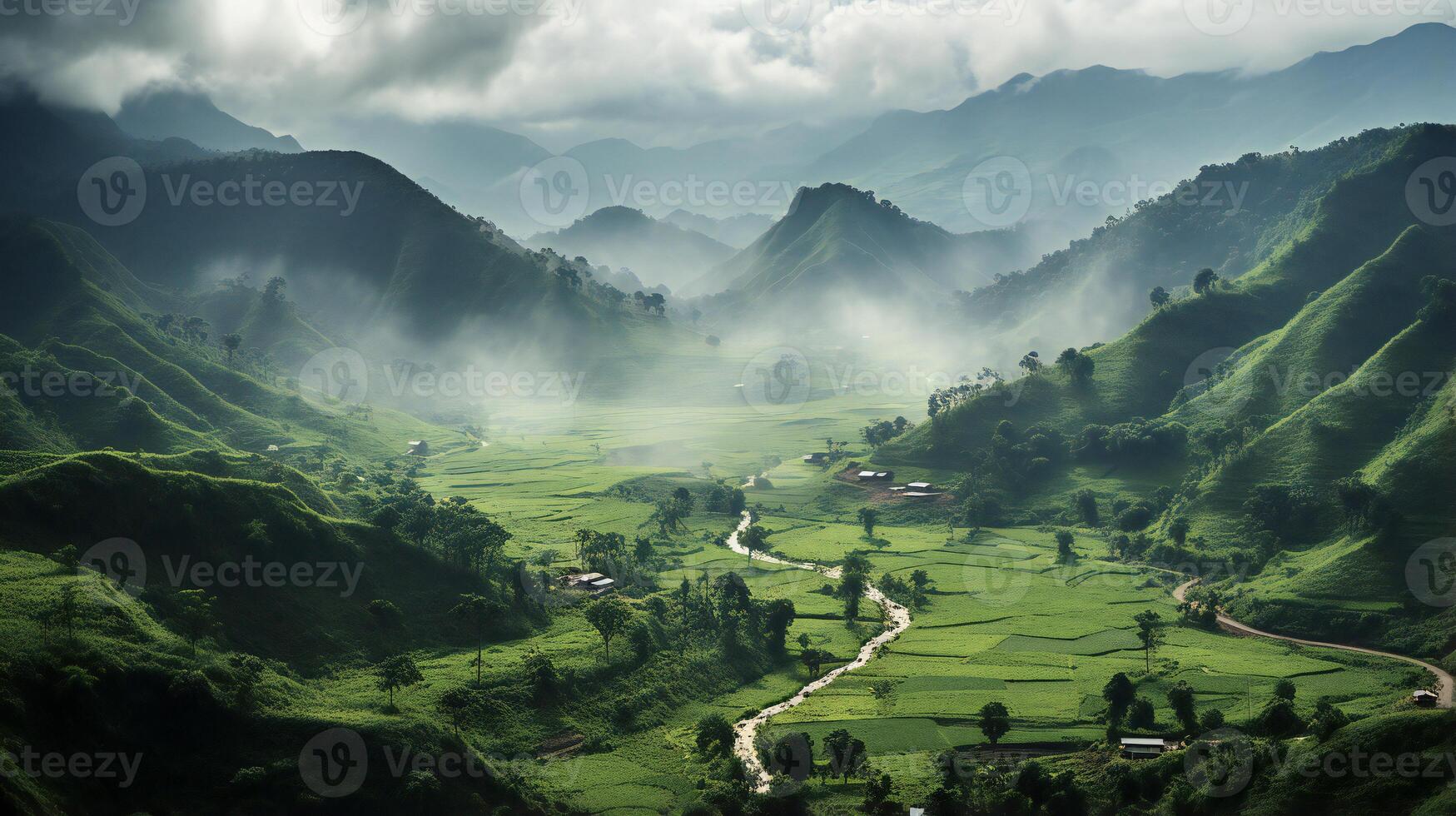 AI generated the mountains are covered in green vegetation and fog photo