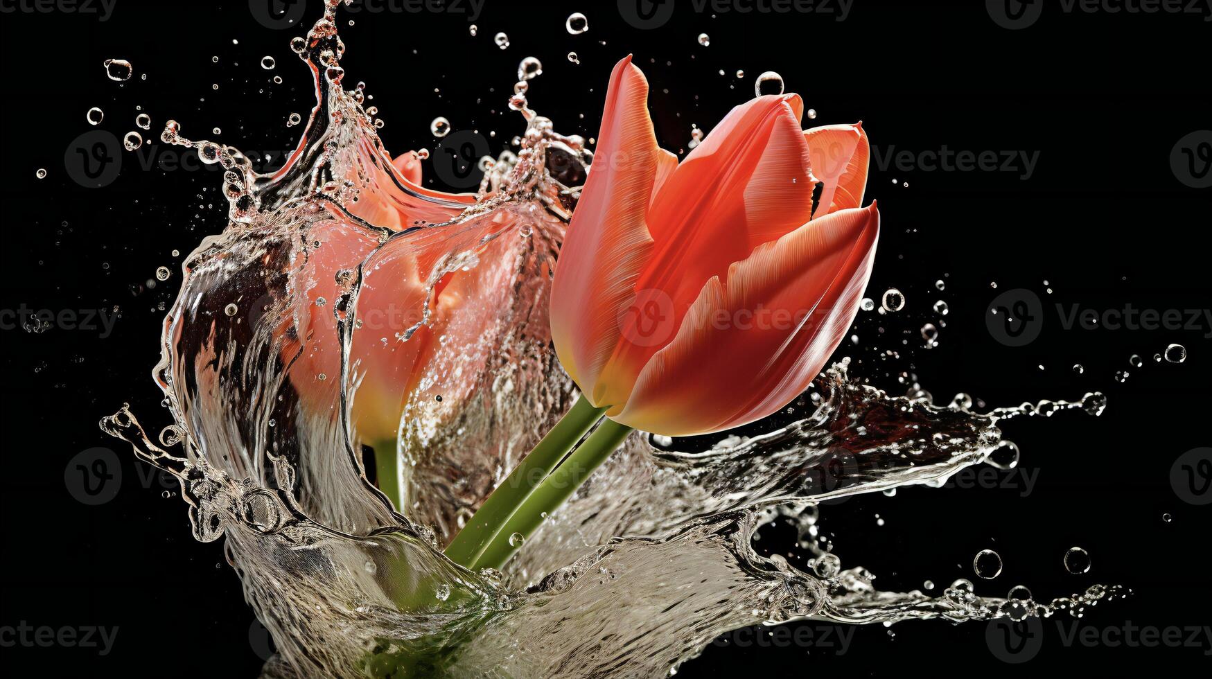 AI generated a pink tulip is splashing water in the air photo