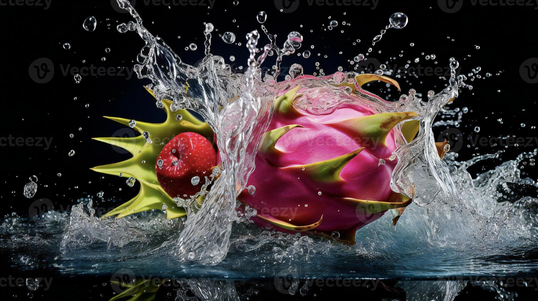 AI generated a dragon fruit is splashing water photo