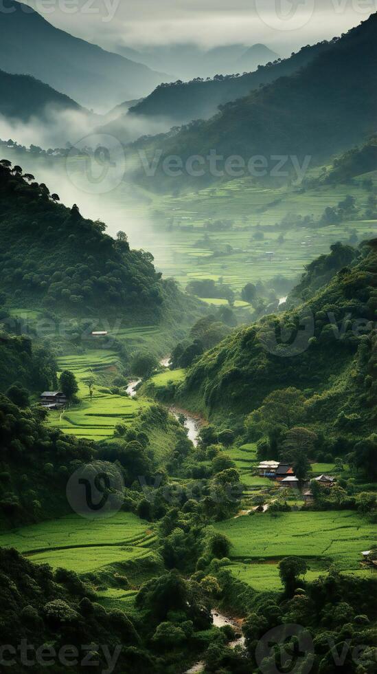 AI generated the mountains are covered in green vegetation and fog photo