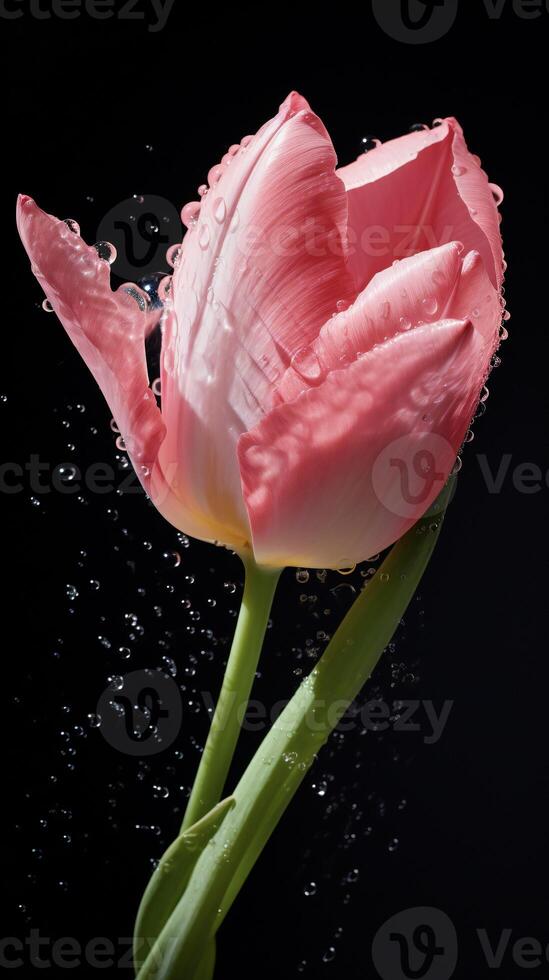 AI generated a pink tulip is splashing water in the air photo
