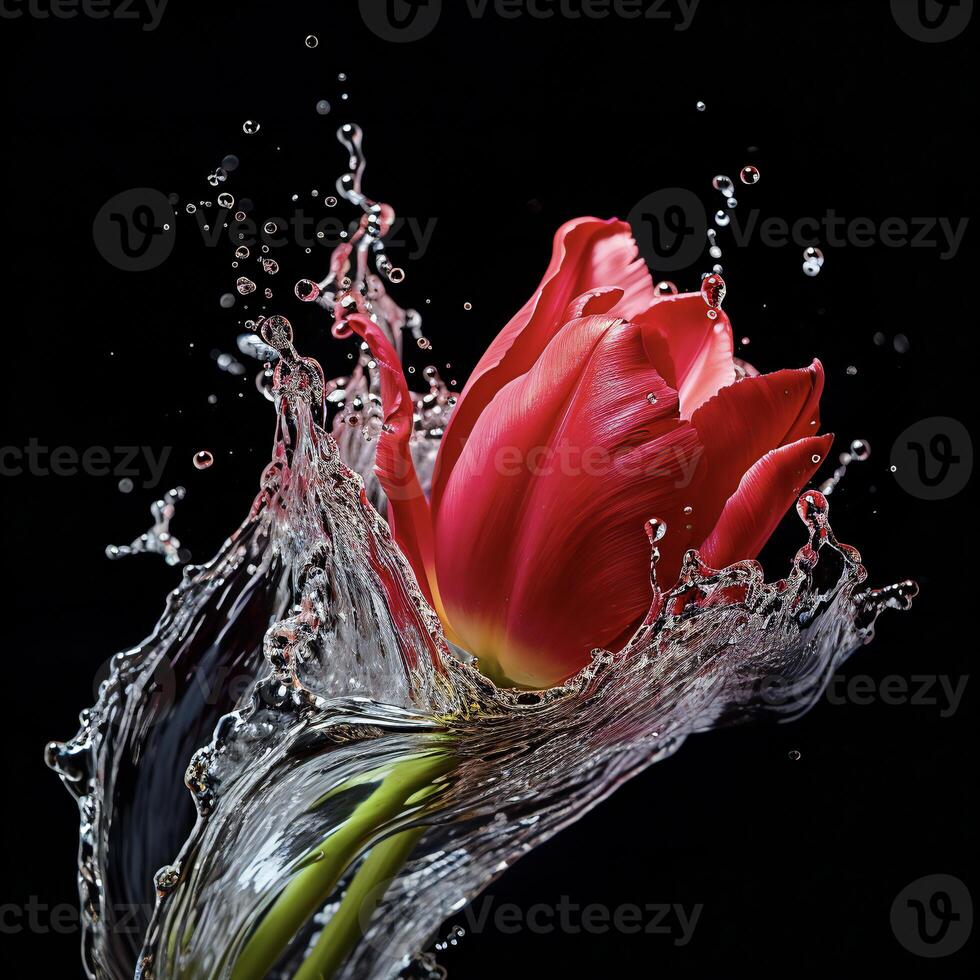 AI generated a pink tulip is splashing water in the air photo