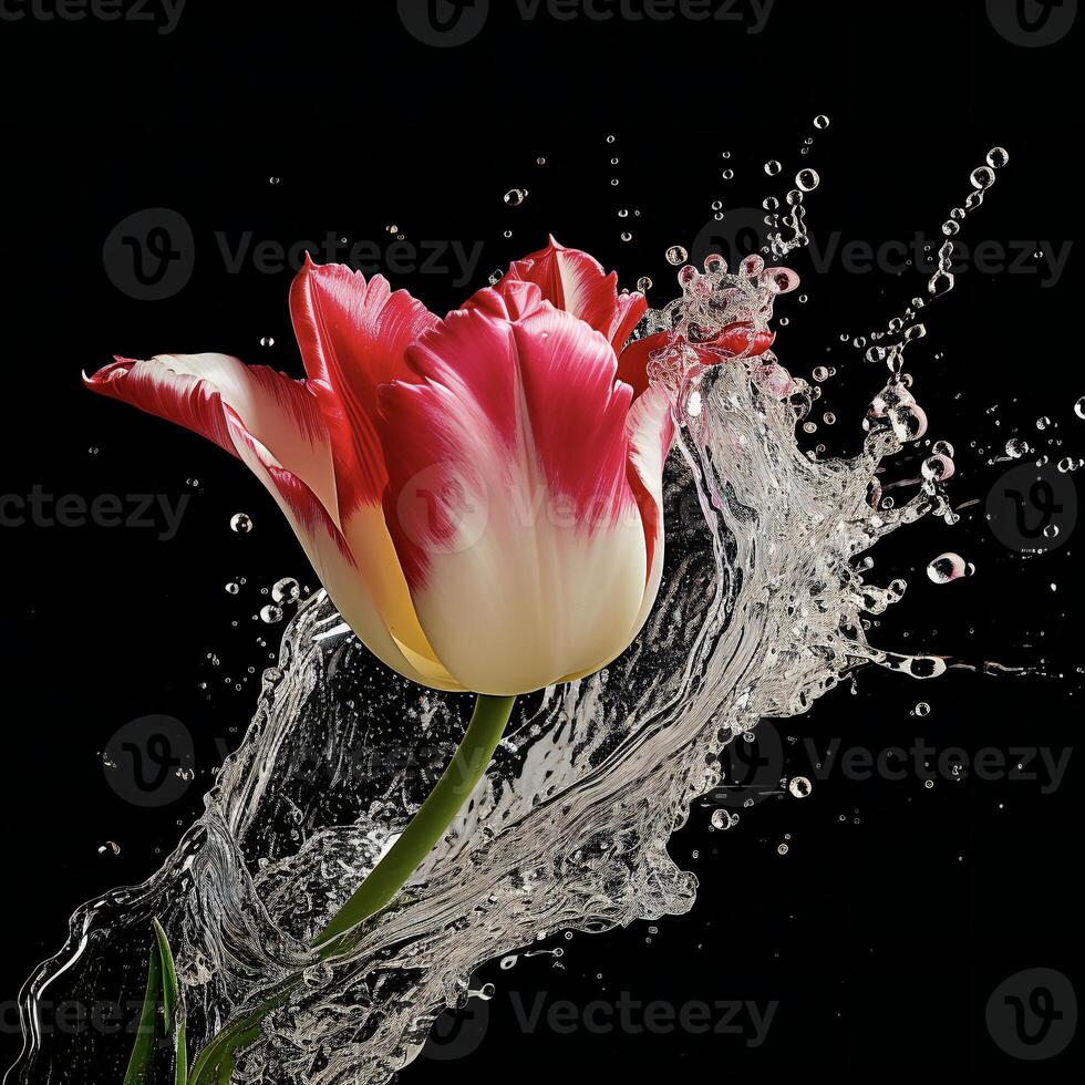 AI generated a pink tulip is splashing water in the air photo