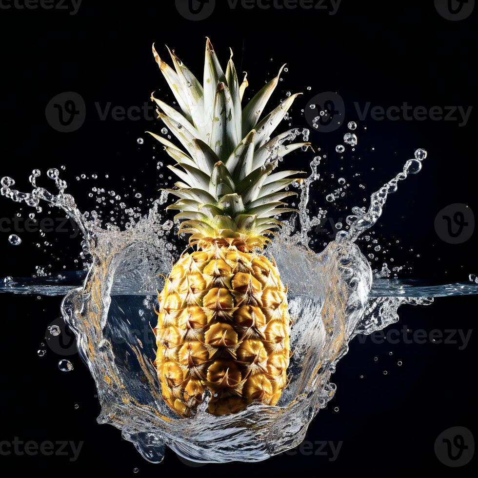 AI generated a pineapple is splashing water on a black background photo