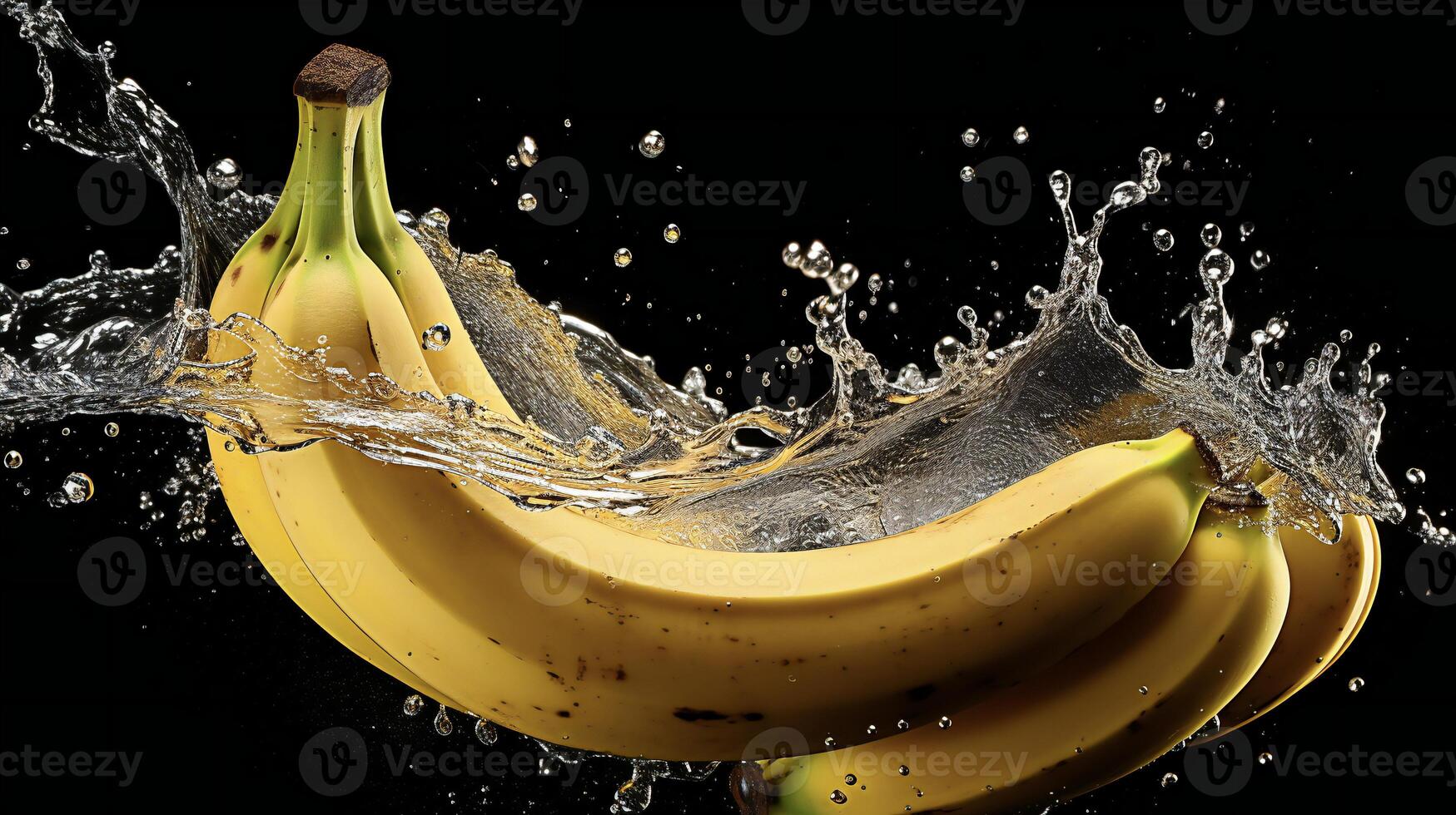 AI generated bananas are being splashed with water on a black background photo
