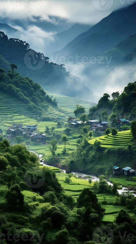 AI generated the mountains are covered in green vegetation and fog photo