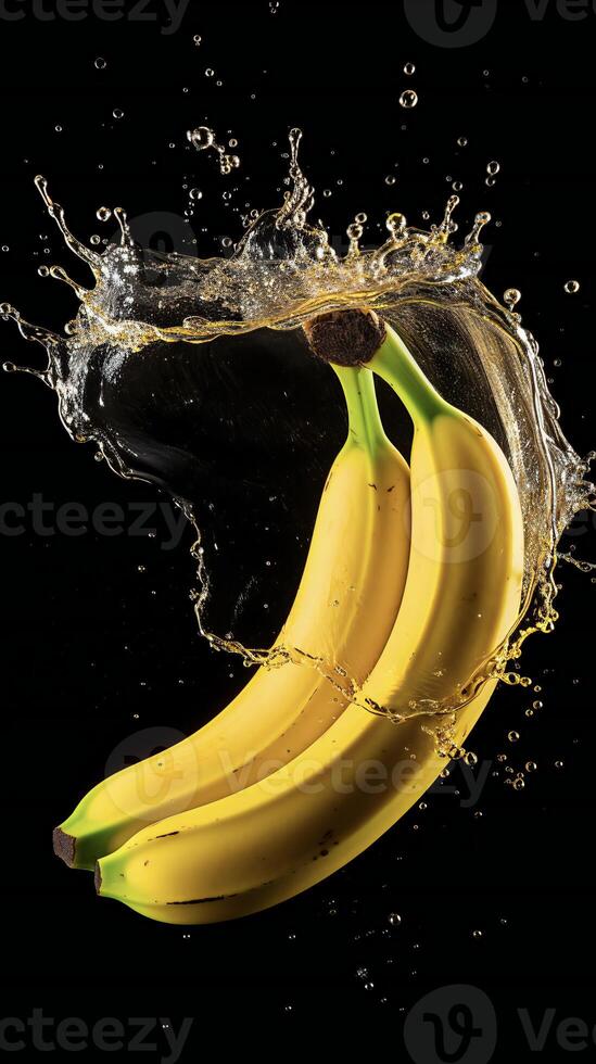 AI generated bananas are being splashed with water on a black background photo