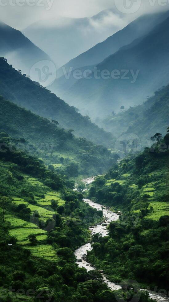 ai generado el montañas son cubierto en verde vegetación y niebla foto