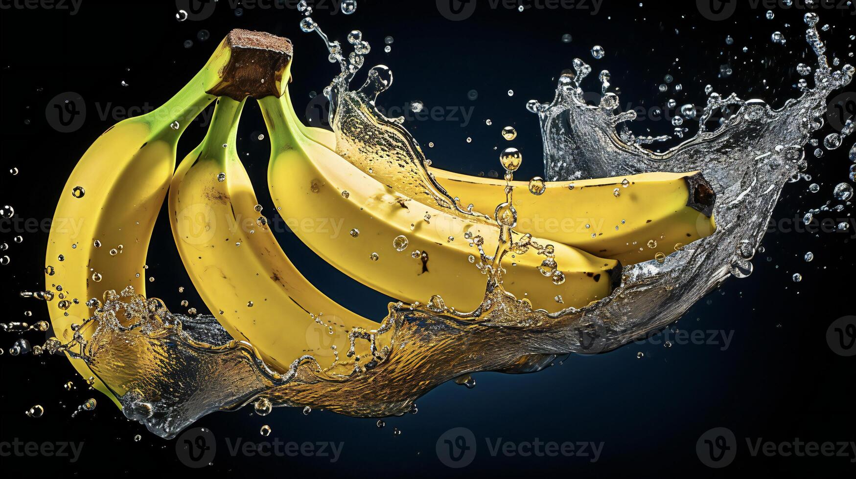 AI generated bananas are being splashed with water on a black background photo
