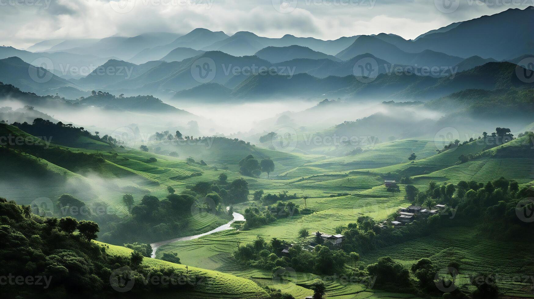 AI generated the mountains are covered in green vegetation and fog photo