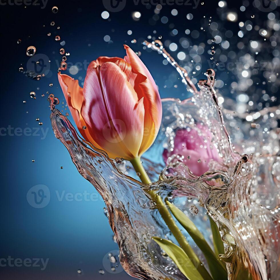 AI generated a pink tulip is splashing water in the air photo