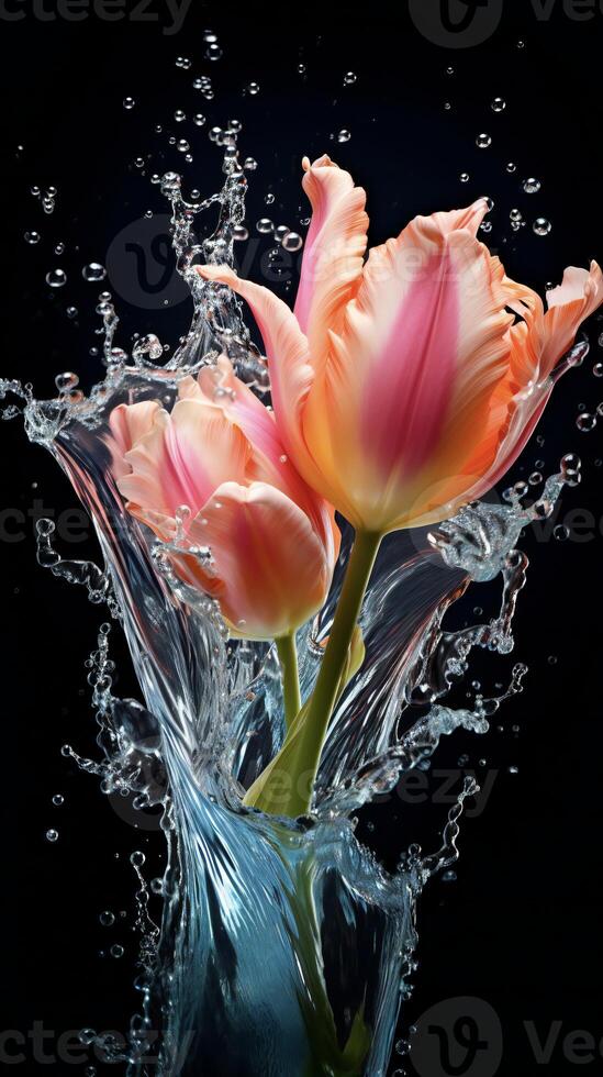 AI generated a pink tulip is splashing water in the air photo