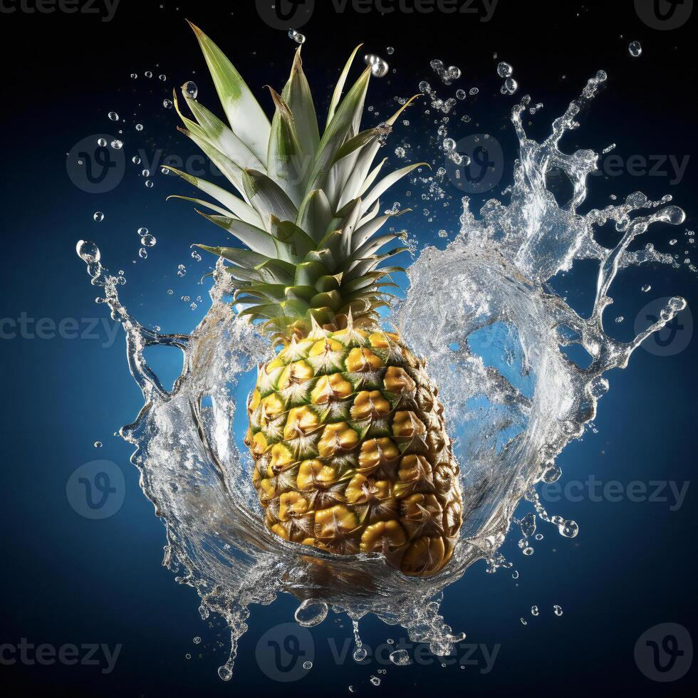 AI generated a pineapple is splashing water on a black background photo