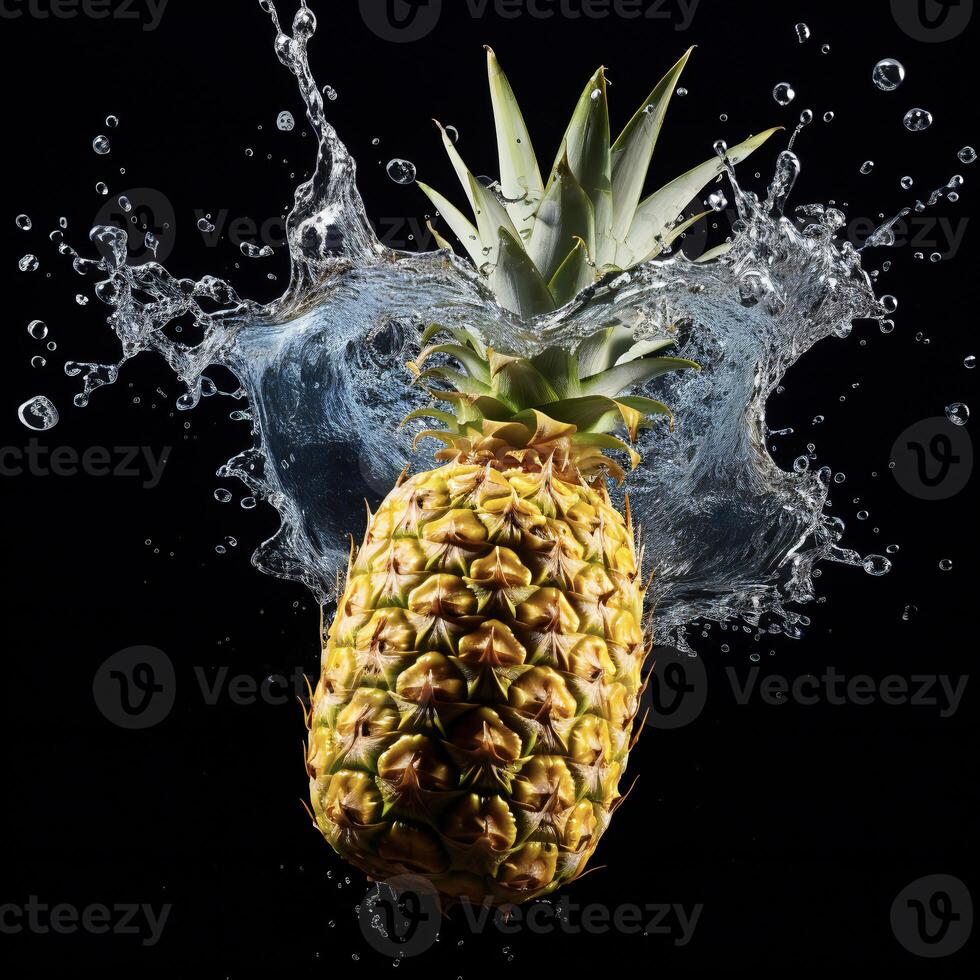 AI generated a pineapple is splashing water on a black background photo