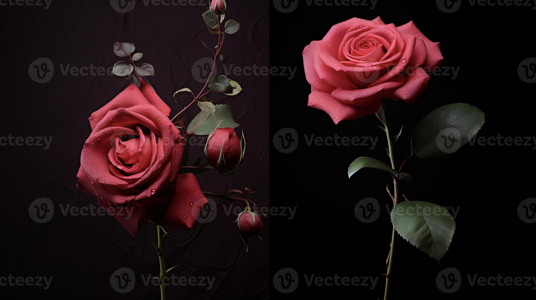 AI generated two different pictures of roses on a black background photo