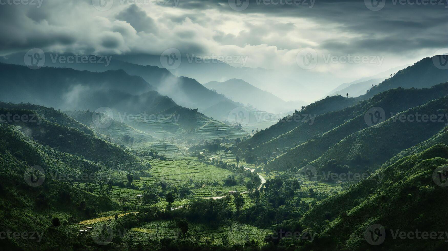 AI generated the mountains are covered in green vegetation and fog photo