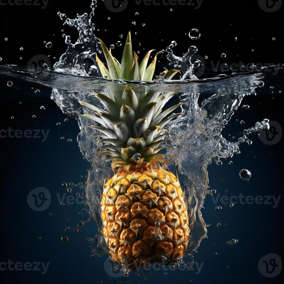 AI generated a pineapple is splashing water on a black background photo