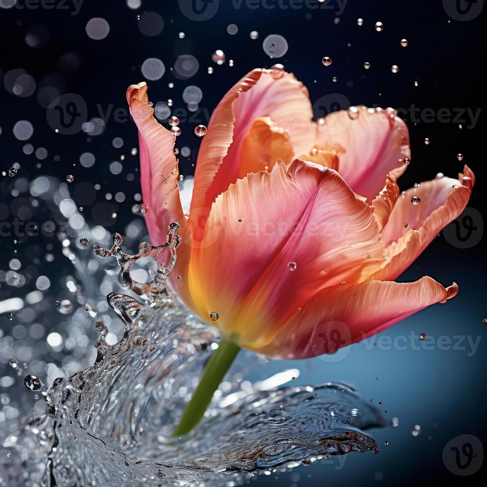 AI generated a pink tulip is splashing water in the air photo