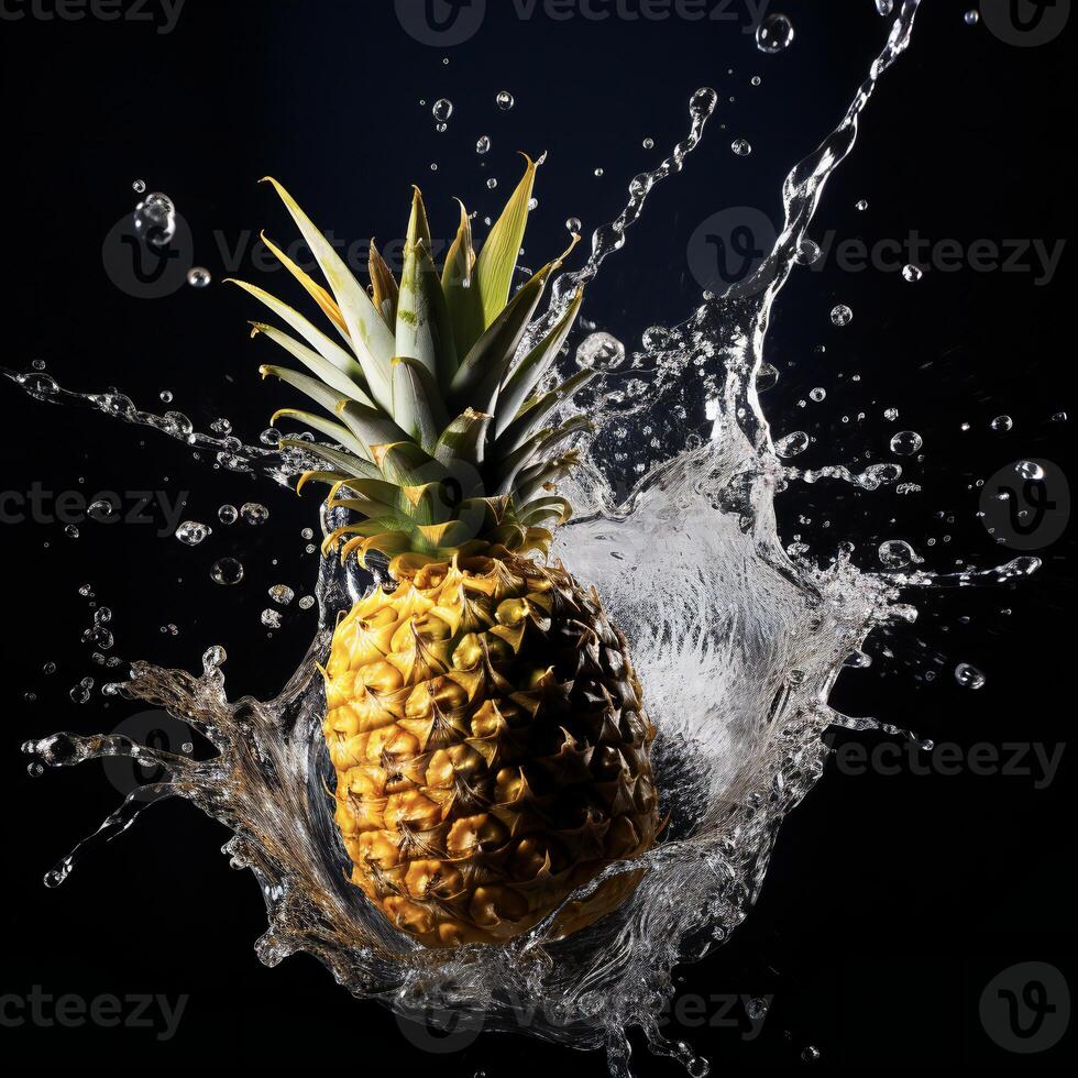 AI generated a pineapple is splashing water on a black background photo