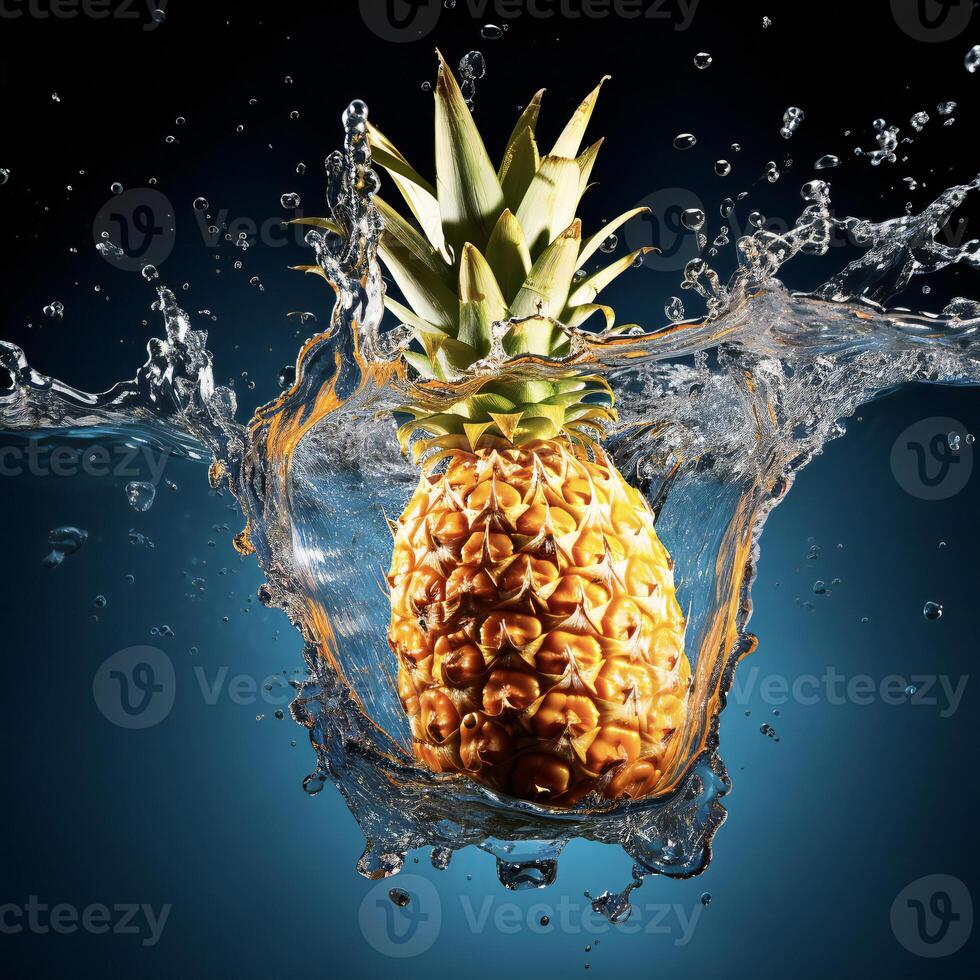 AI generated a pineapple is splashing water on a black background photo
