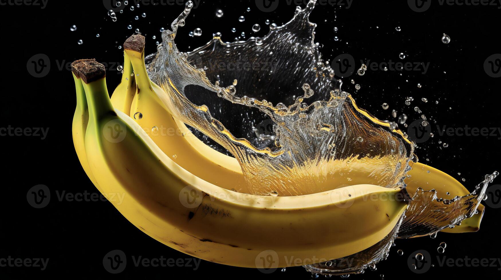 AI generated bananas are being splashed with water on a black background photo