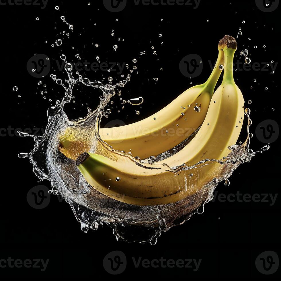 AI generated bananas are being splashed with water on a black background photo