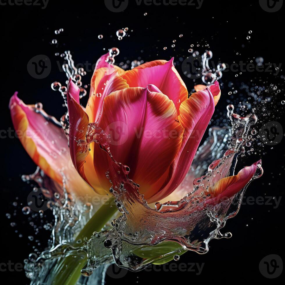 AI generated a pink tulip is splashing water in the air photo