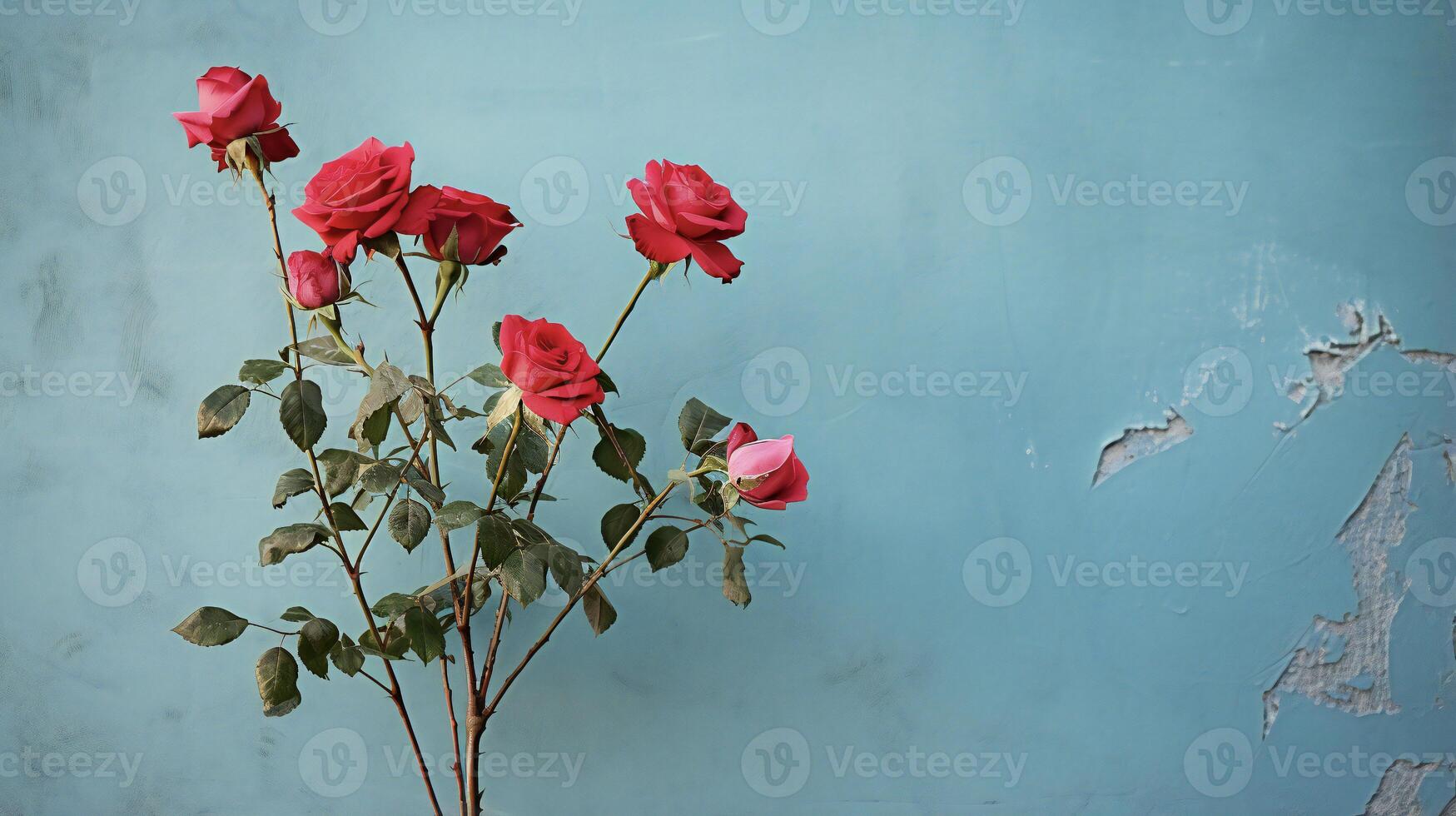 AI generated red roses against a blue wall photo