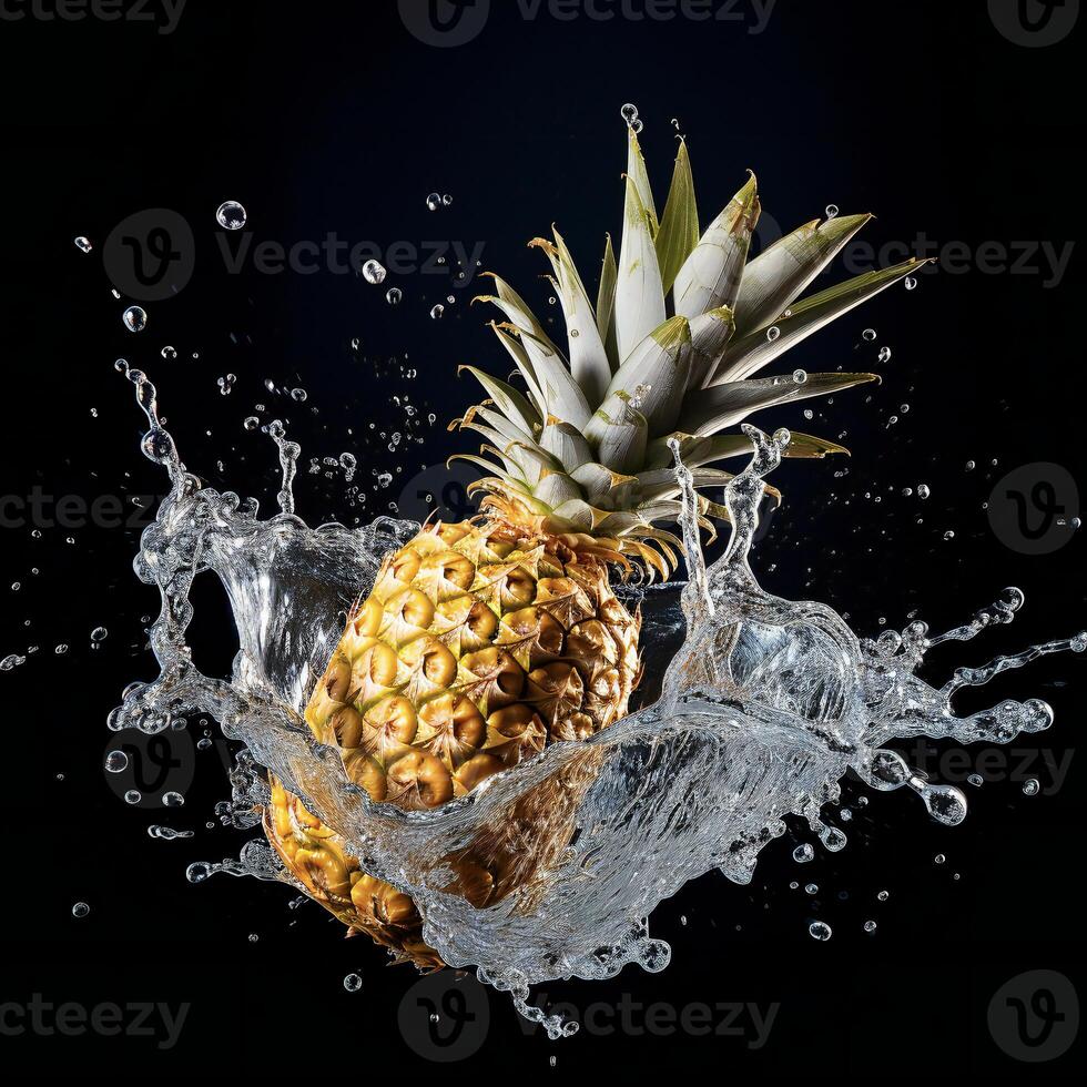 AI generated a pineapple is splashing water on a black background photo